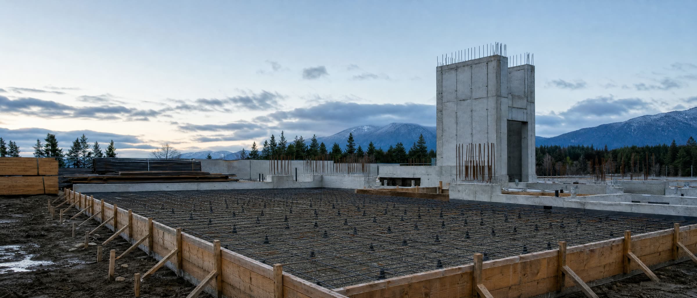 Rebar and formwork laid out on a building foundation at first light, with a concrete core wall behind it