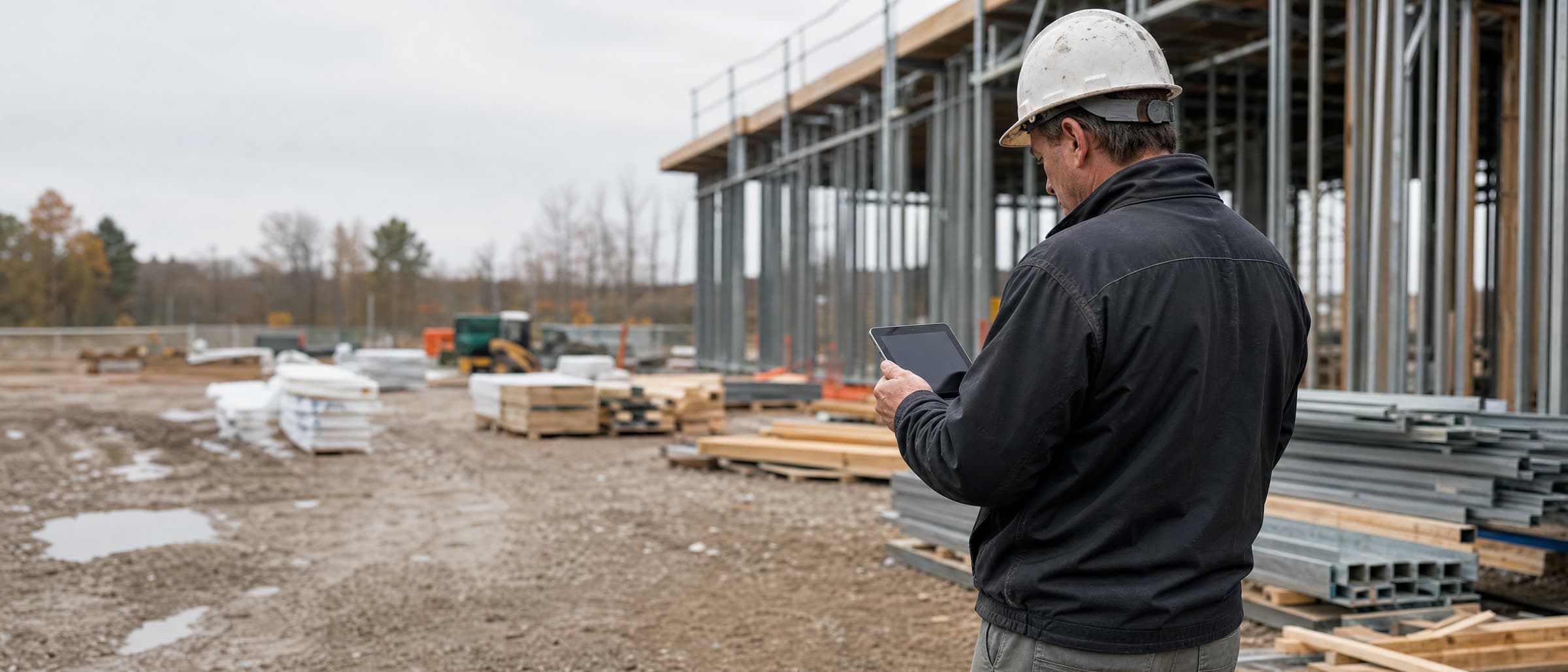 Site superintendent logging the day's progress on a tablet in front of a steel frame